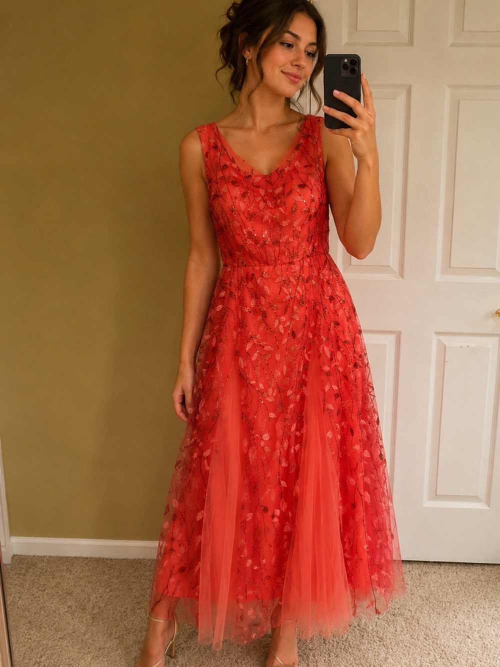 Coral Red V-Neck Tulle A-Line Prom Dress